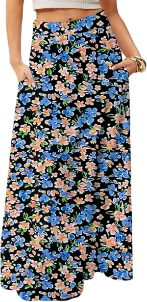 Skirts for Women Midi Length Summer High Waisted Pleated A-Line Swing Floral Long with Pockets