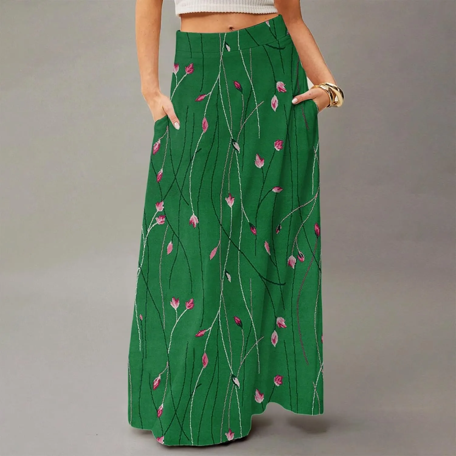 Skirts for Women Midi Length Summer High Waisted Pleated A-Line Swing Floral Long with Pockets
