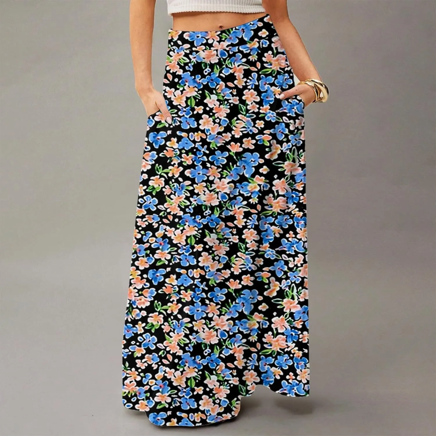 Skirts for Women Midi Length Summer High Waisted Pleated A-Line Swing Floral Long with Pockets