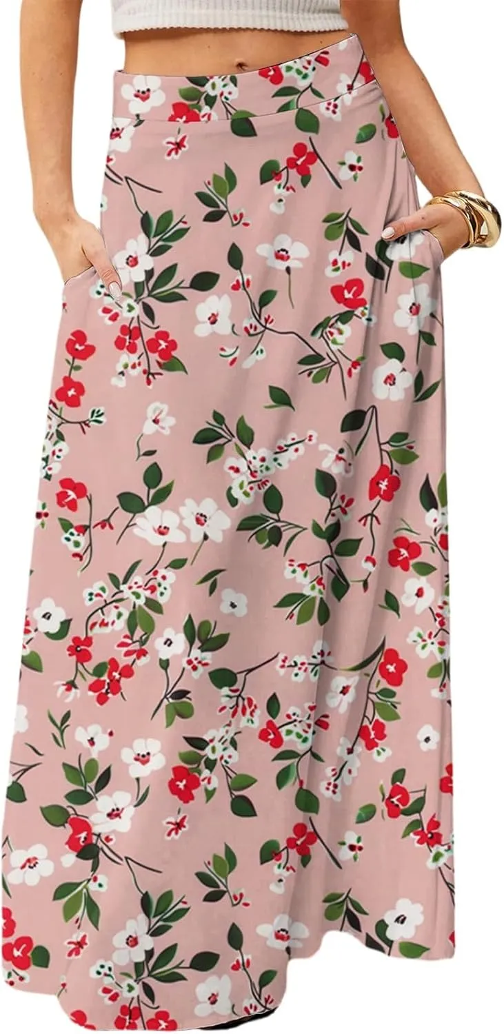 Skirts for Women Midi Length Summer High Waisted Pleated A-Line Swing Floral Long with Pockets