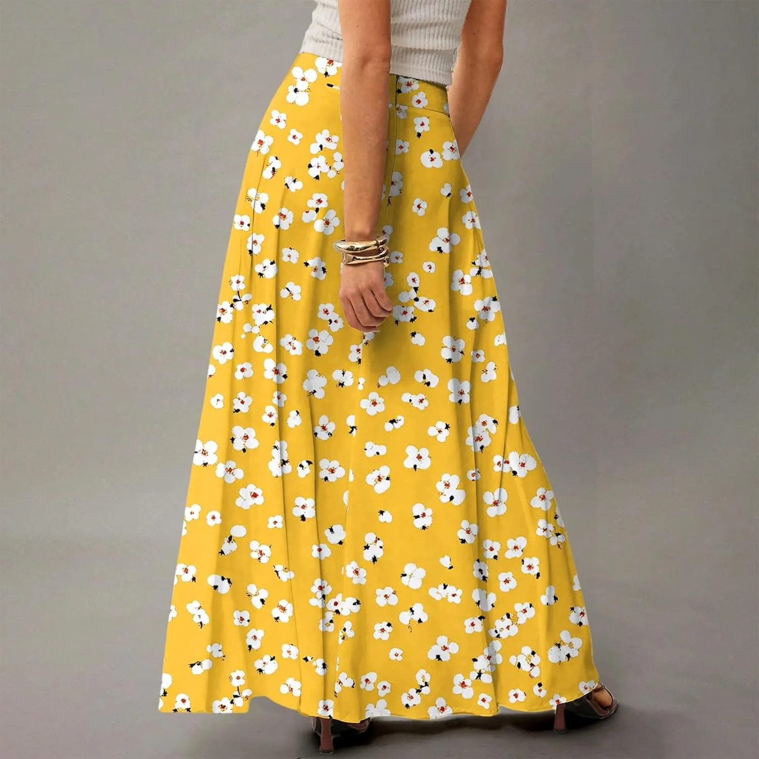 Skirts for Women Midi Length Summer High Waisted Pleated A-Line Swing Floral Long with Pockets