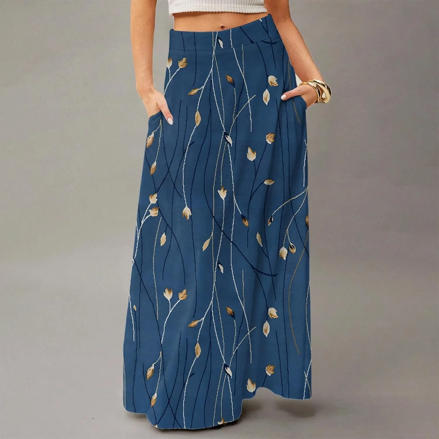 Skirts for Women Midi Length Summer High Waisted Pleated A-Line Swing Floral Long with Pockets