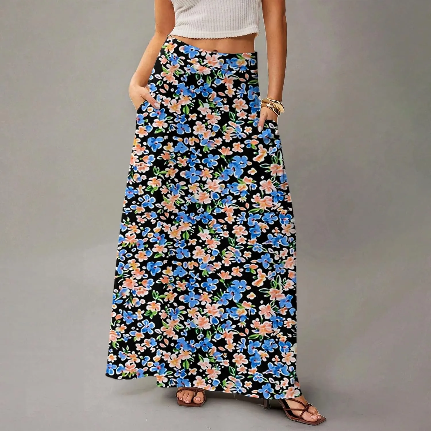 Skirts for Women Midi Length Summer High Waisted Pleated A-Line Swing Floral Long with Pockets