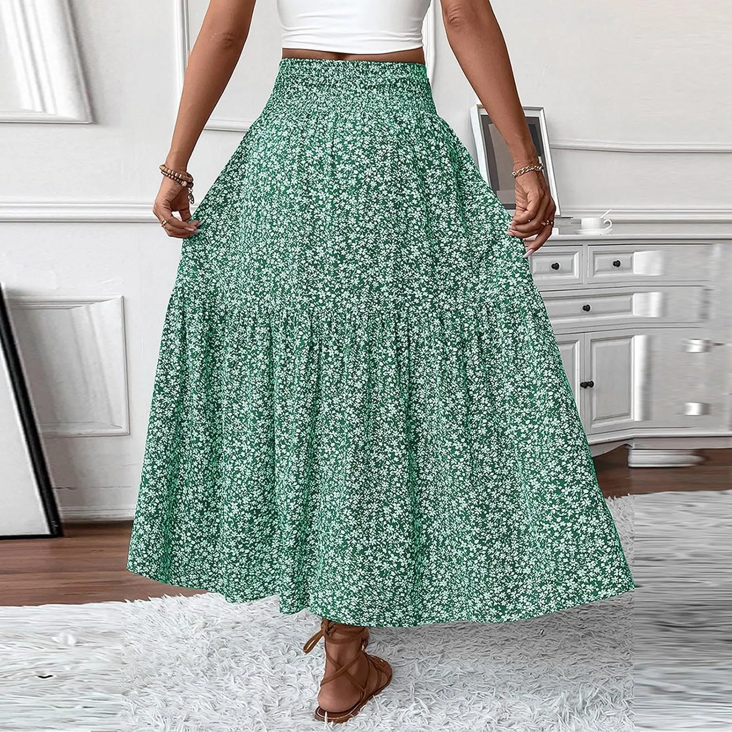 Skirts for Women Midi Length Women's Boho Floral Print Elastic High Waisted Swing A-Line Tiered Summer Beach Skirt