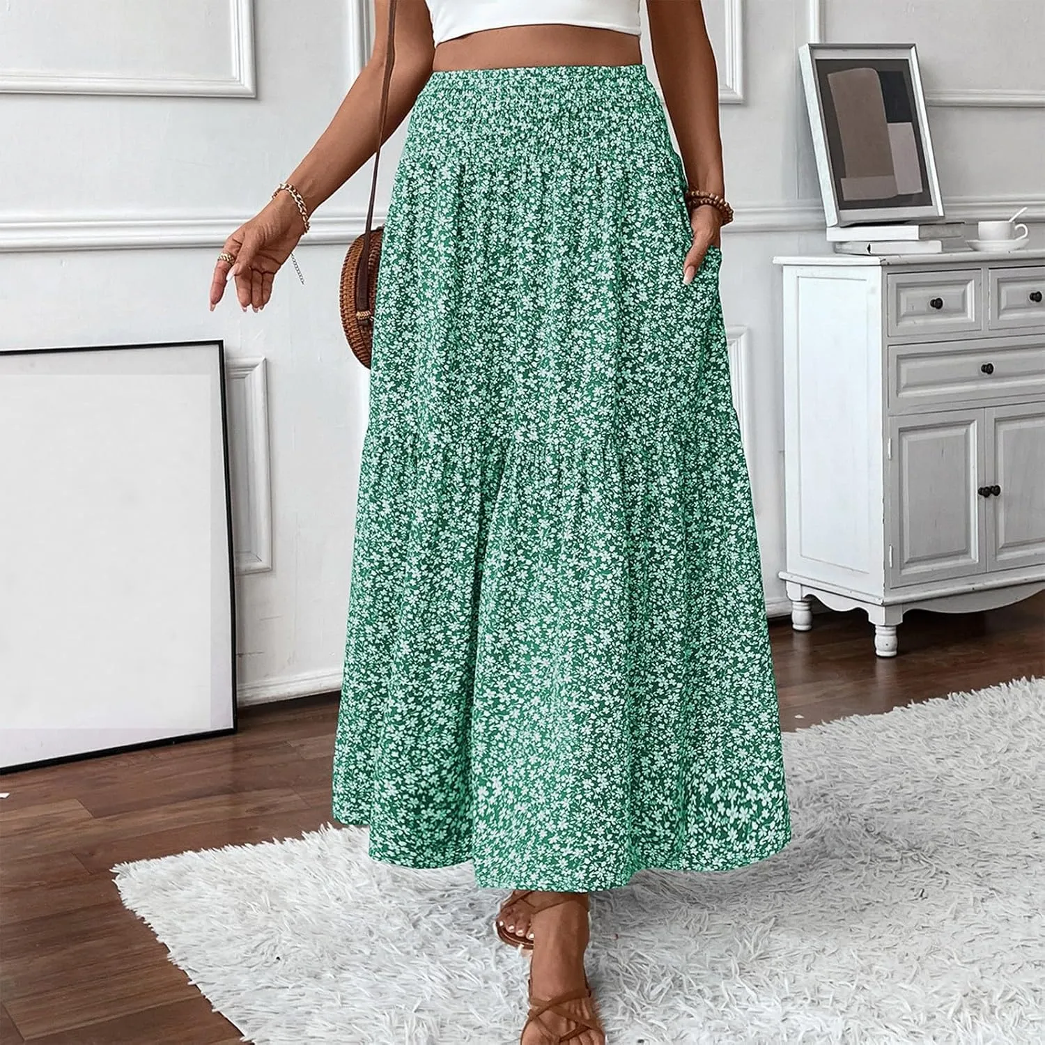 Skirts for Women Midi Length Women's Boho Floral Print Elastic High Waisted Swing A-Line Tiered Summer Beach Skirt
