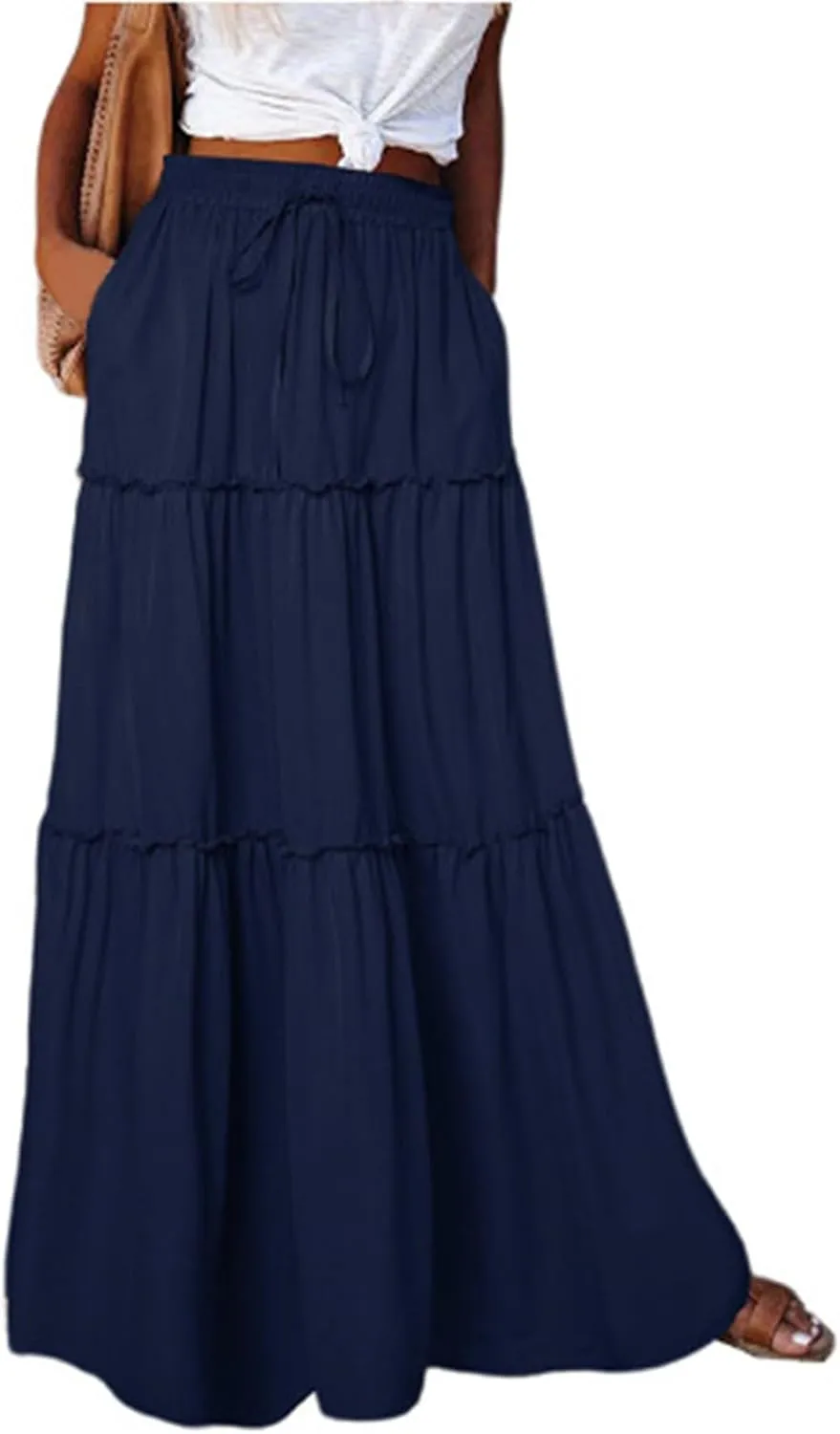 Skirts for Women Summer Flowy Tiered Elastic High Waisted Skirt Vacation Swing Long Solid Maxi Beach Skirts