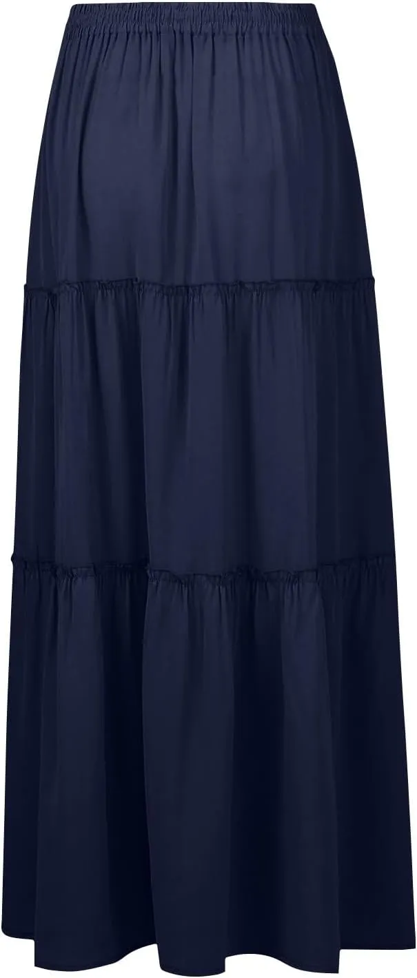 Skirts for Women Summer Flowy Tiered Elastic High Waisted Skirt Vacation Swing Long Solid Maxi Beach Skirts