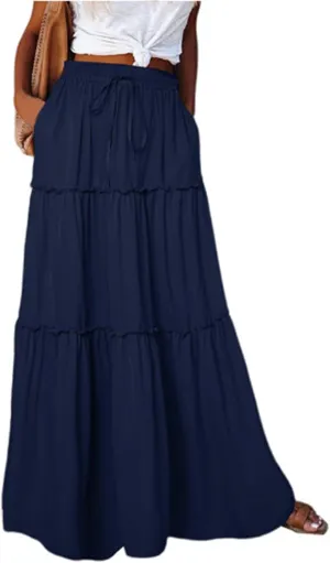 Skirts for Women Summer Flowy Tiered Elastic High Waisted Skirt Vacation Swing Long Solid Maxi Beach Skirts