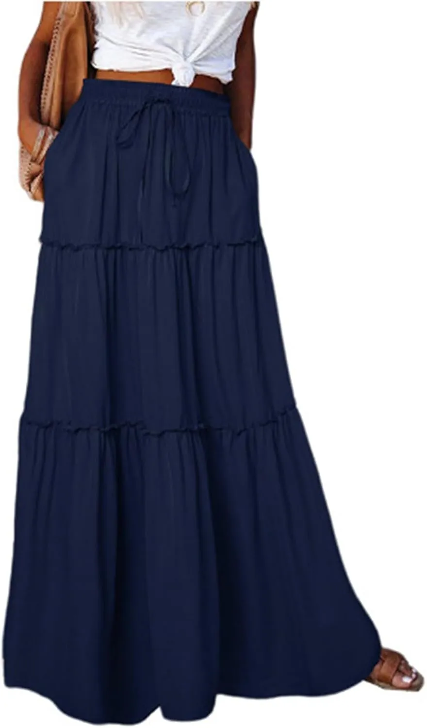Skirts for Women Summer Flowy Tiered Elastic High Waisted Skirt Vacation Swing Long Solid Maxi Beach Skirts