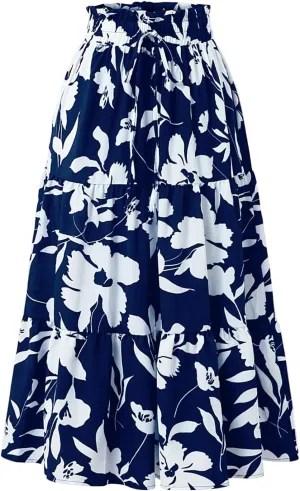 Skirts for Women Summer Flowy Tiered Elastic High Waisted Vacation Skirt A-Line Swing Long Floral Midi Skirts