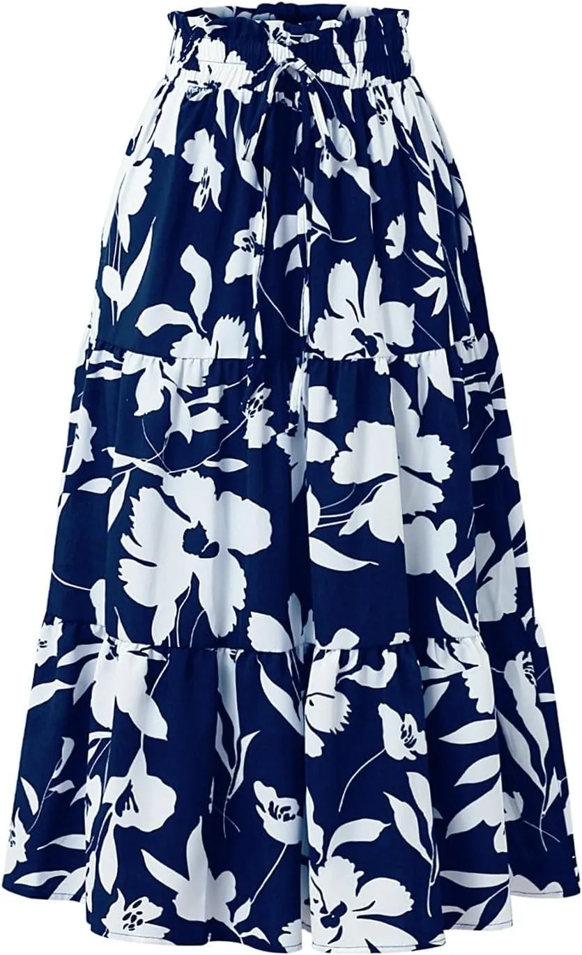 Skirts for Women Summer Flowy Tiered Elastic High Waisted Vacation Skirt A-Line Swing Long Floral Midi Skirts
