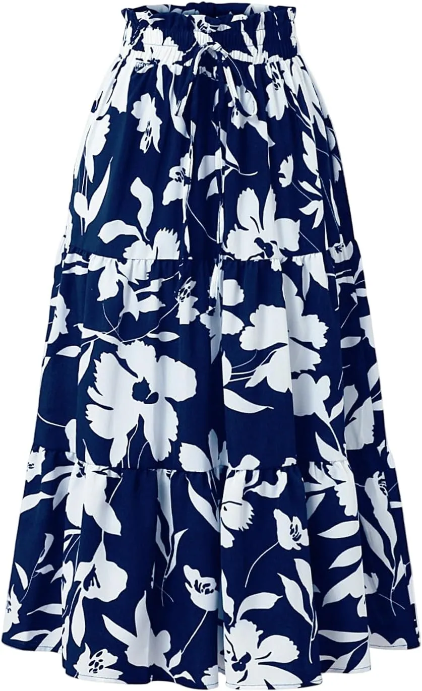 Skirts for Women Summer Flowy Tiered Elastic High Waisted Vacation Skirt A-Line Swing Long Floral Midi Skirts
