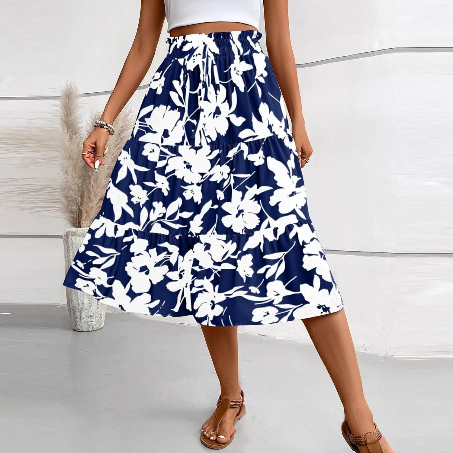 Skirts for Women Summer Flowy Tiered Elastic High Waisted Vacation Skirt A-Line Swing Long Floral Midi Skirts