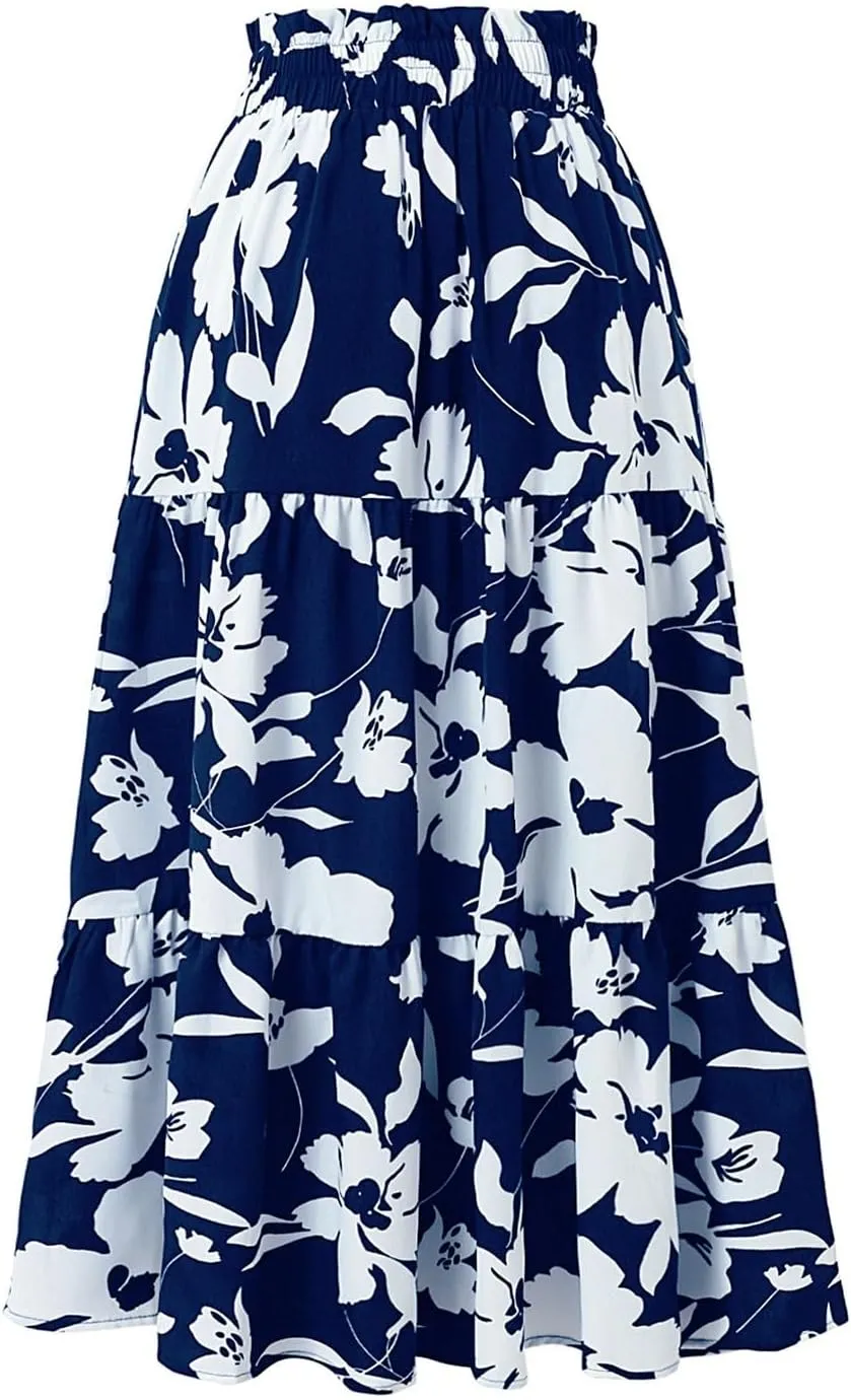 Skirts for Women Summer Flowy Tiered Elastic High Waisted Vacation Skirt A-Line Swing Long Floral Midi Skirts