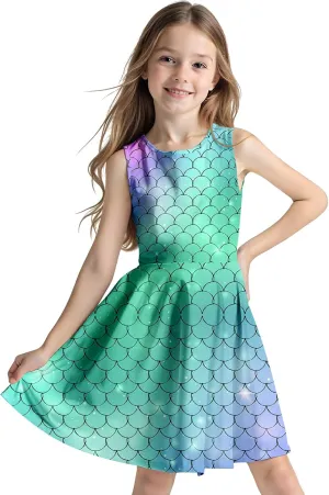 Sleeveless Summer Dress for Girls, Tropical Print Beach Vacation Sundress for Party and Birthday Gift