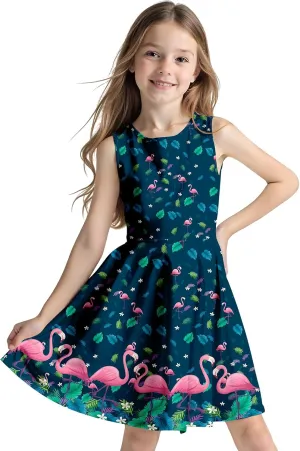 Sleeveless Summer Dress for Girls, Tropical Print Beach Vacation Sundress for Party and Birthday Gift