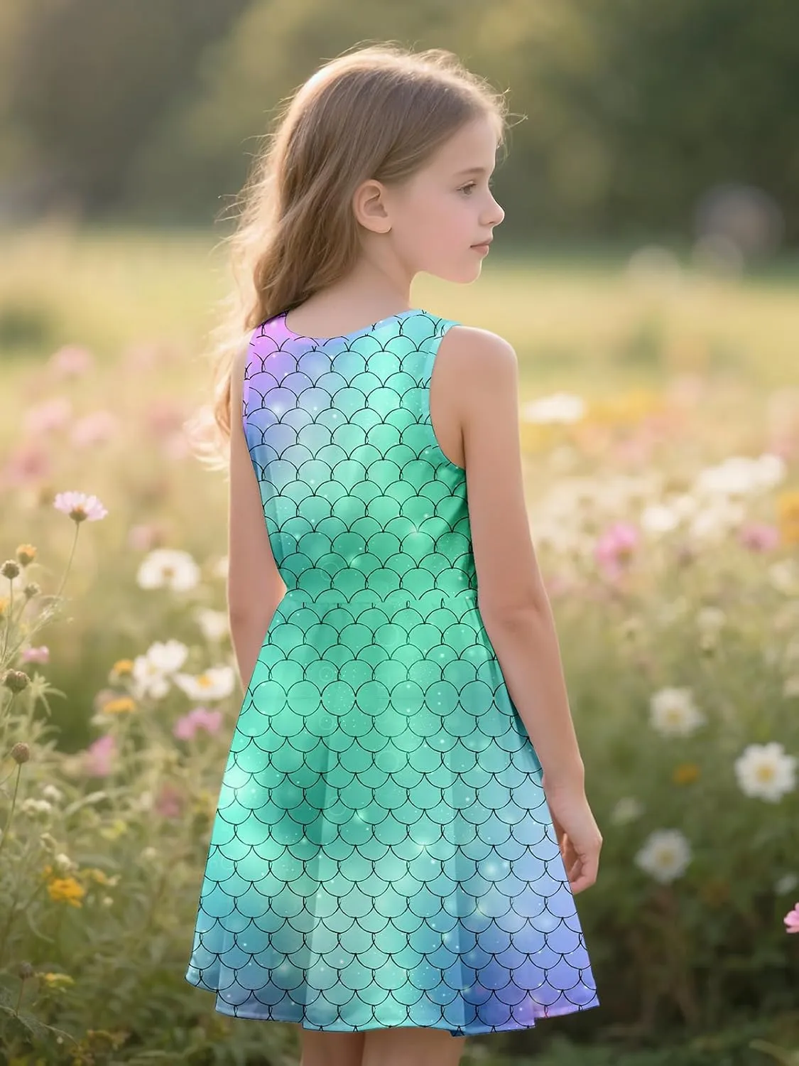 Sleeveless Summer Dress for Girls, Tropical Print Beach Vacation Sundress for Party and Birthday Gift