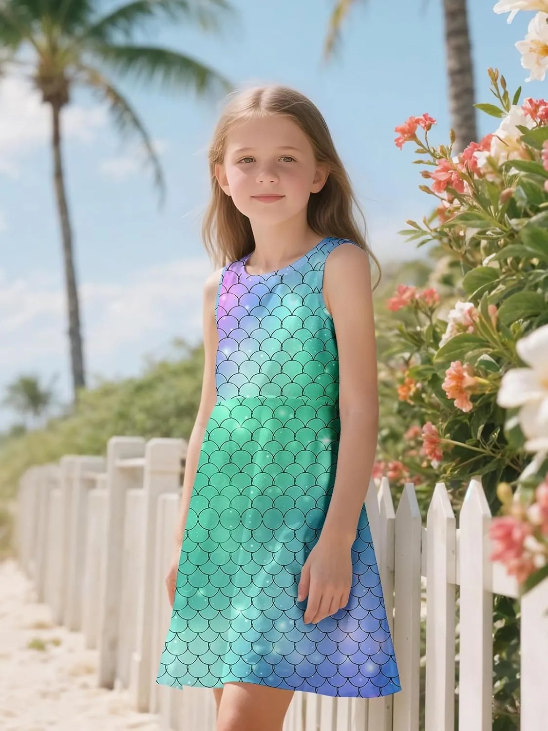 Sleeveless Summer Dress for Girls, Tropical Print Beach Vacation Sundress for Party and Birthday Gift