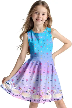 Sleeveless Summer Dress for Girls, Tropical Print Beach Vacation Sundress for Party and Birthday Gift
