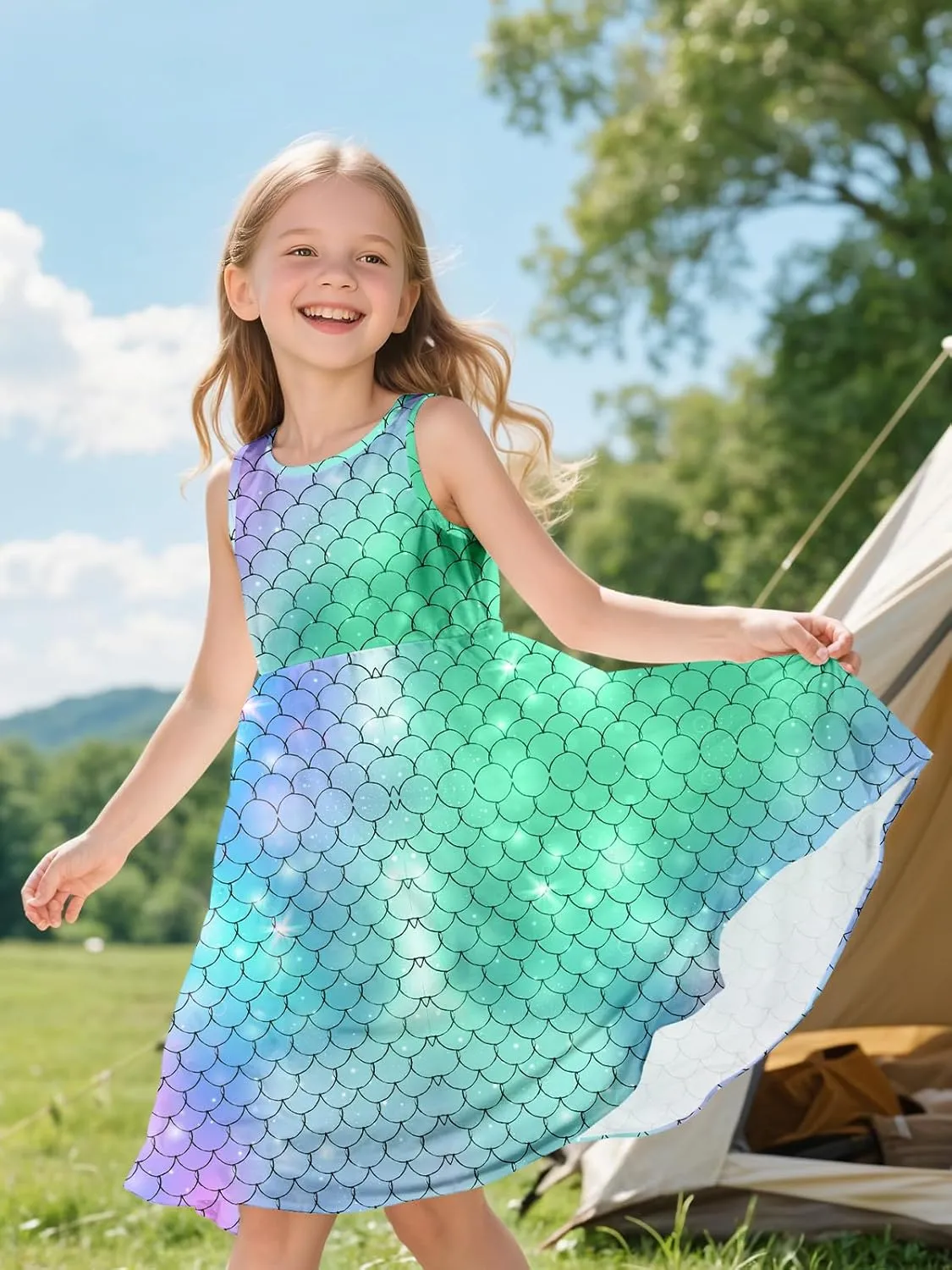 Sleeveless Summer Dress for Girls, Tropical Print Beach Vacation Sundress for Party and Birthday Gift