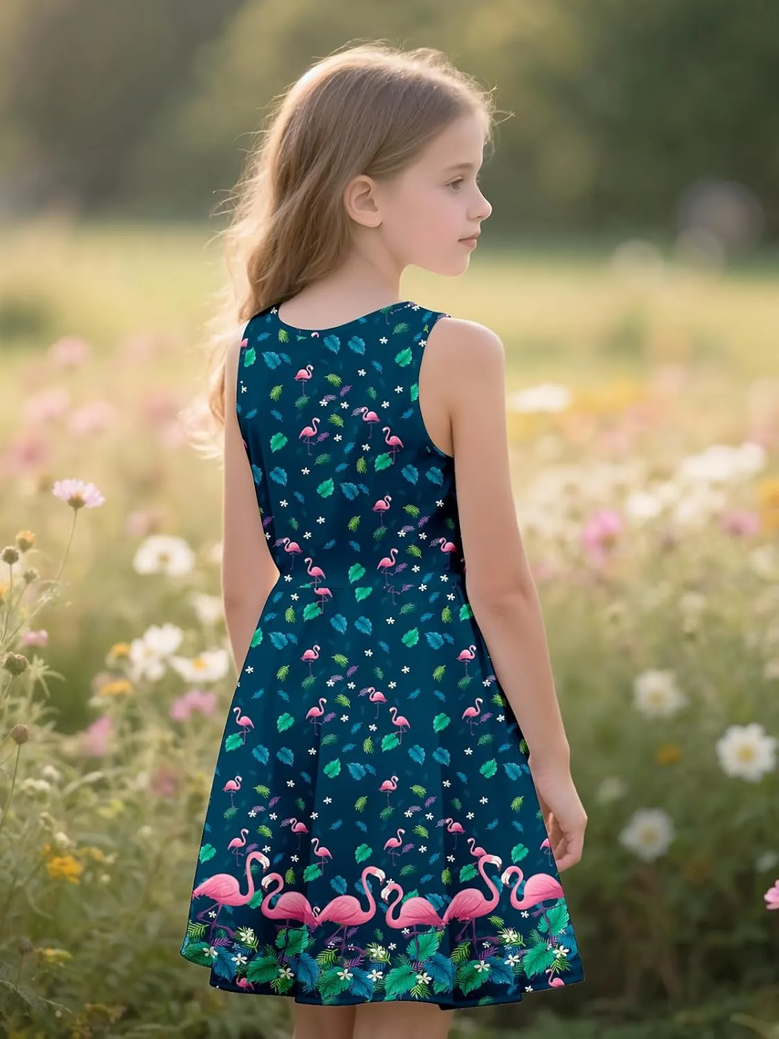 Sleeveless Summer Dress for Girls, Tropical Print Beach Vacation Sundress for Party and Birthday Gift