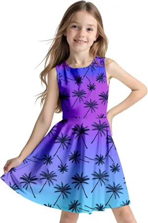 Sleeveless Summer Dress for Girls, Tropical Print Beach Vacation Sundress for Party and Birthday Gift