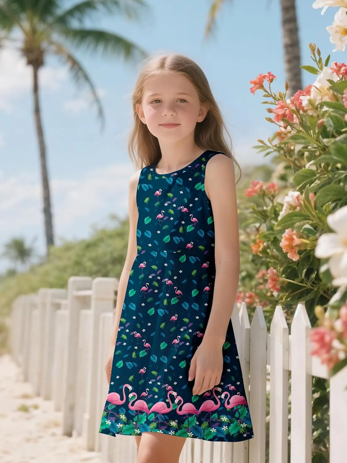 Sleeveless Summer Dress for Girls, Tropical Print Beach Vacation Sundress for Party and Birthday Gift