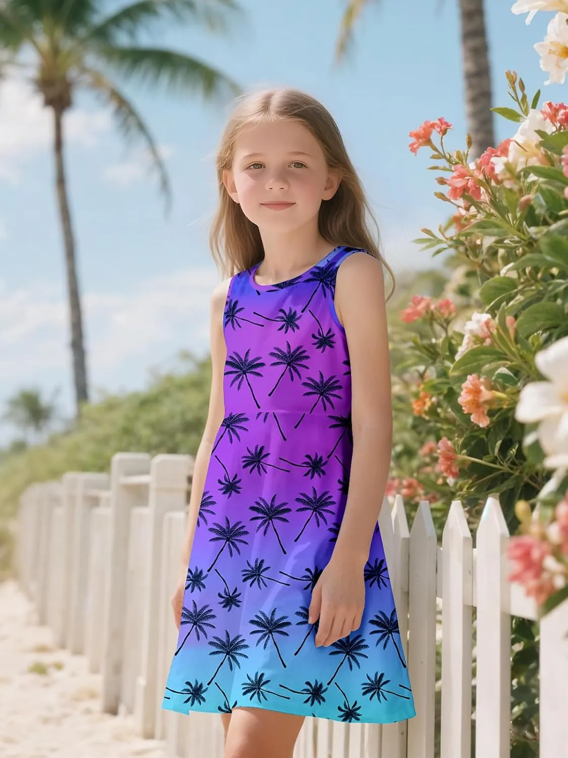 Sleeveless Summer Dress for Girls, Tropical Print Beach Vacation Sundress for Party and Birthday Gift
