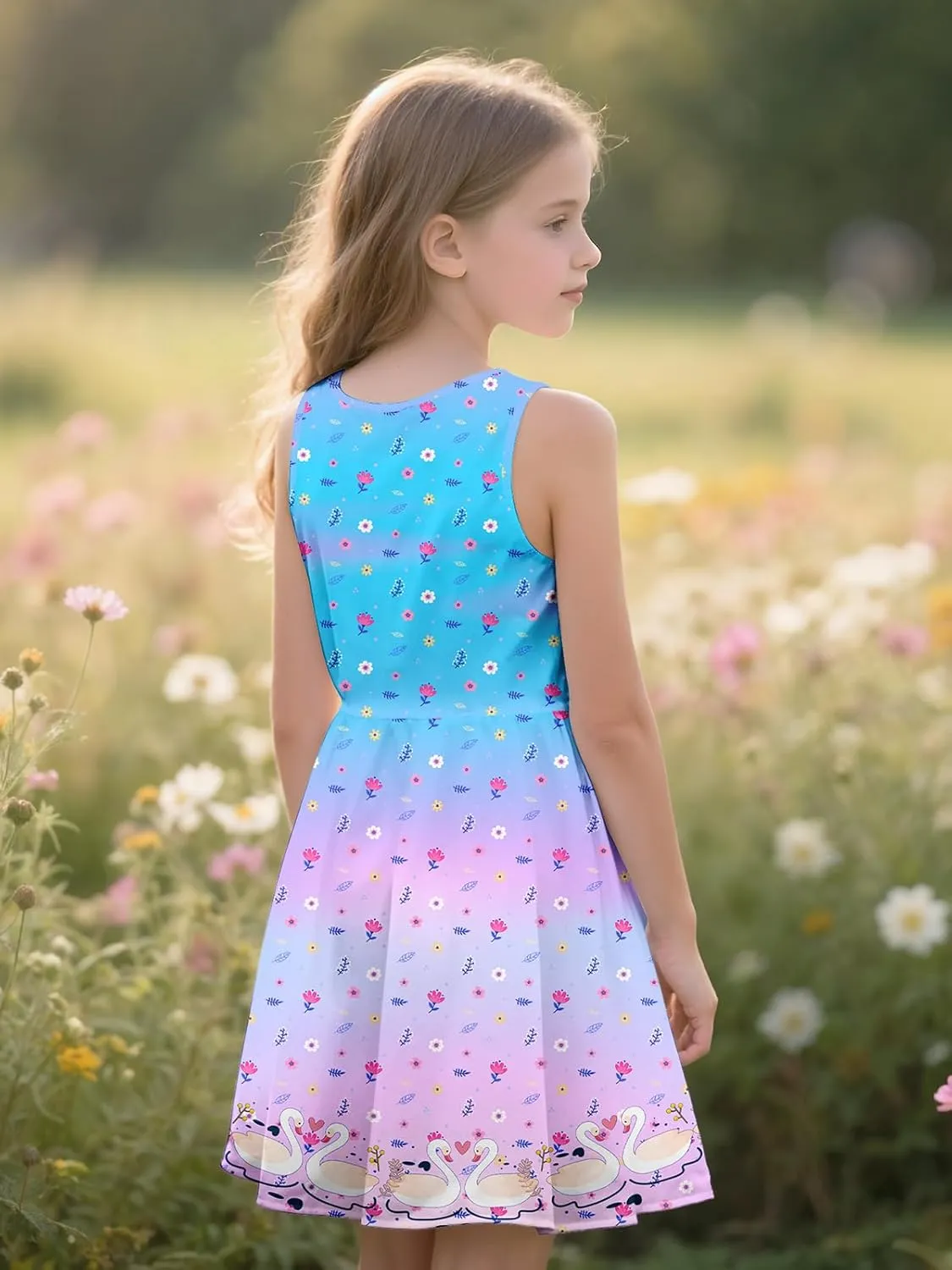 Sleeveless Summer Dress for Girls, Tropical Print Beach Vacation Sundress for Party and Birthday Gift