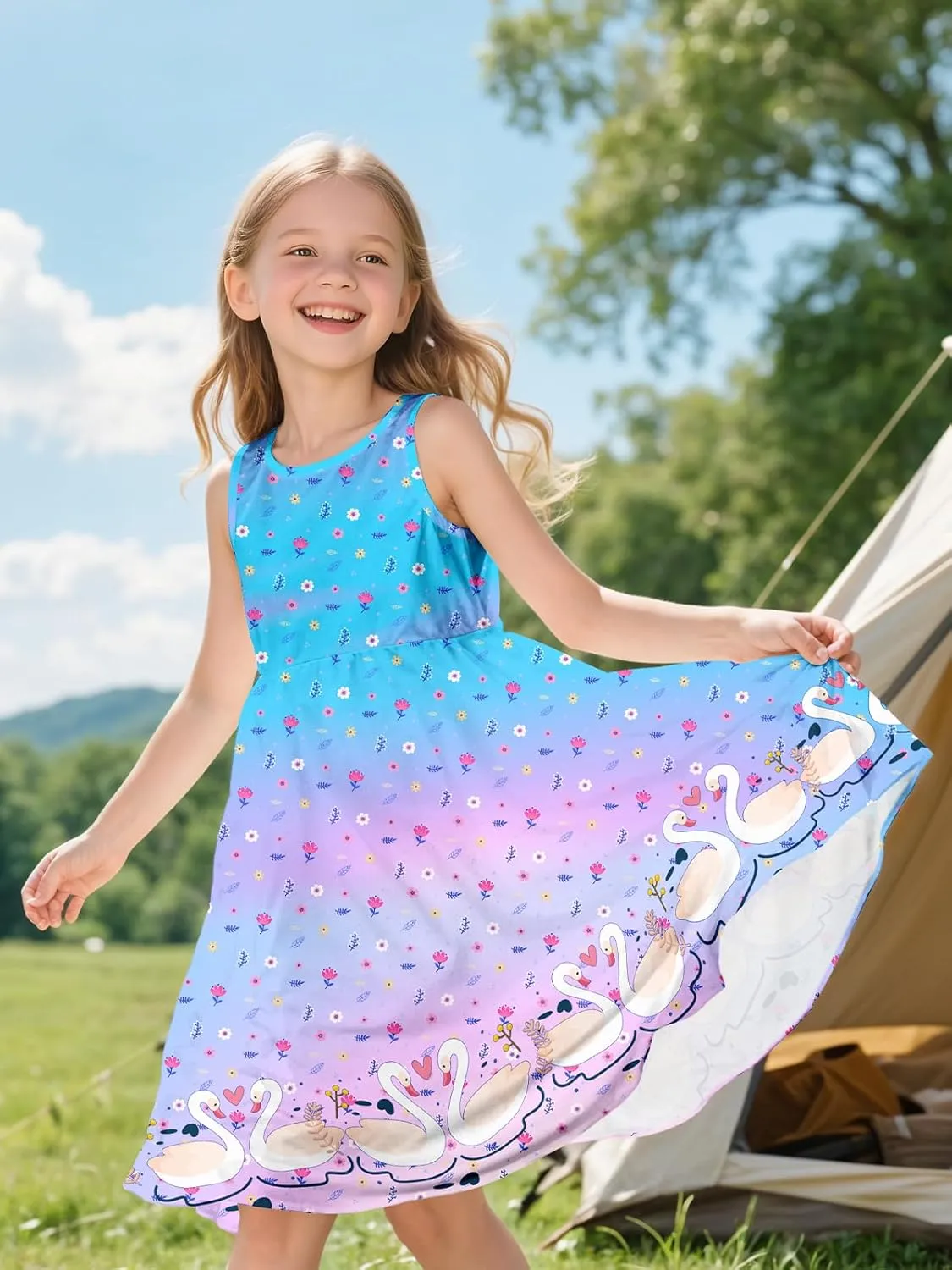 Sleeveless Summer Dress for Girls, Tropical Print Beach Vacation Sundress for Party and Birthday Gift