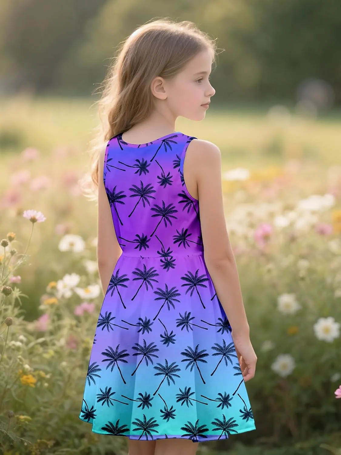 Sleeveless Summer Dress for Girls, Tropical Print Beach Vacation Sundress for Party and Birthday Gift