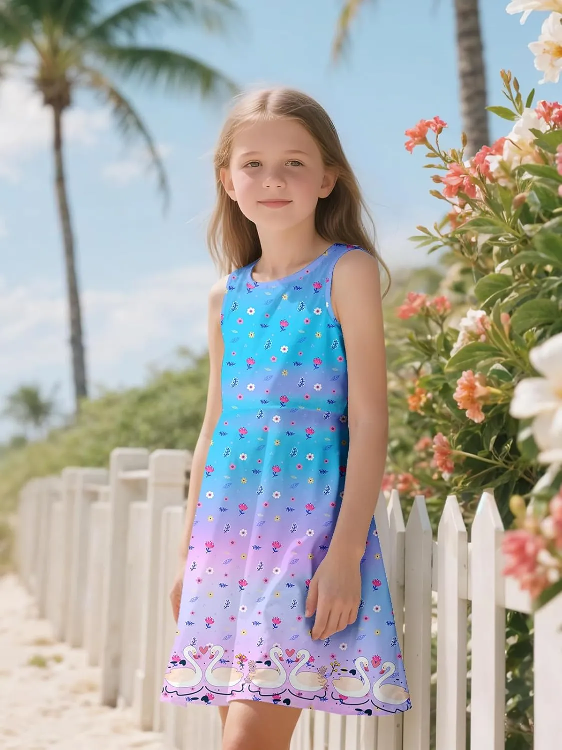 Sleeveless Summer Dress for Girls, Tropical Print Beach Vacation Sundress for Party and Birthday Gift