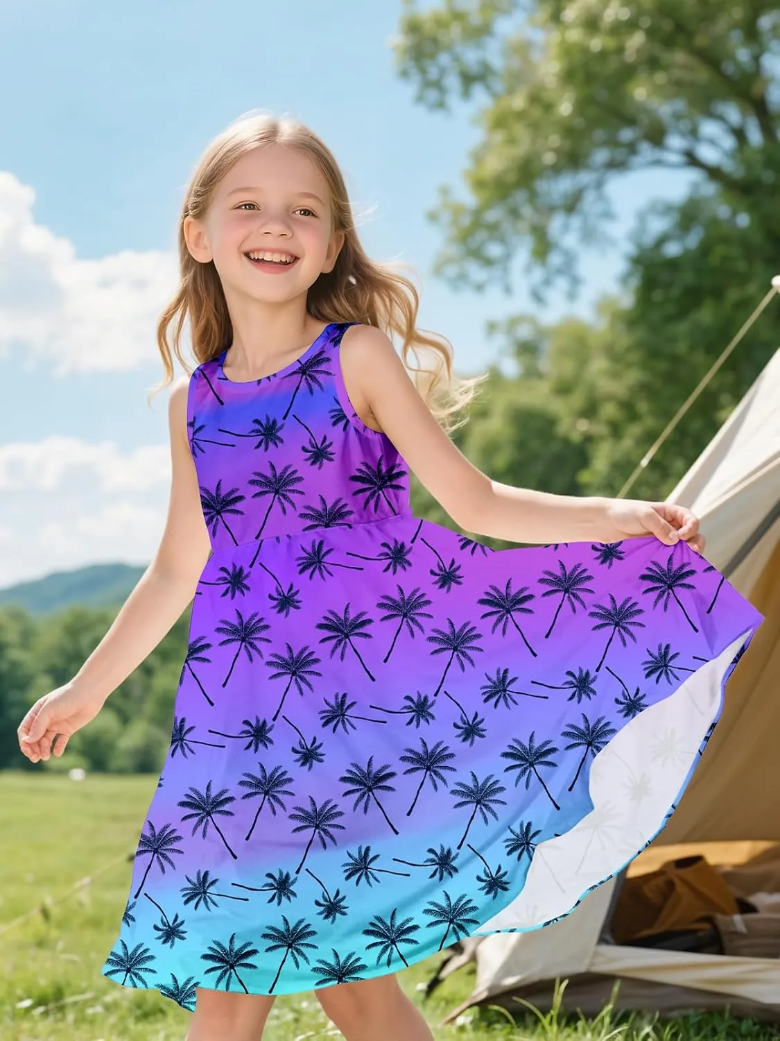 Sleeveless Summer Dress for Girls, Tropical Print Beach Vacation Sundress for Party and Birthday Gift