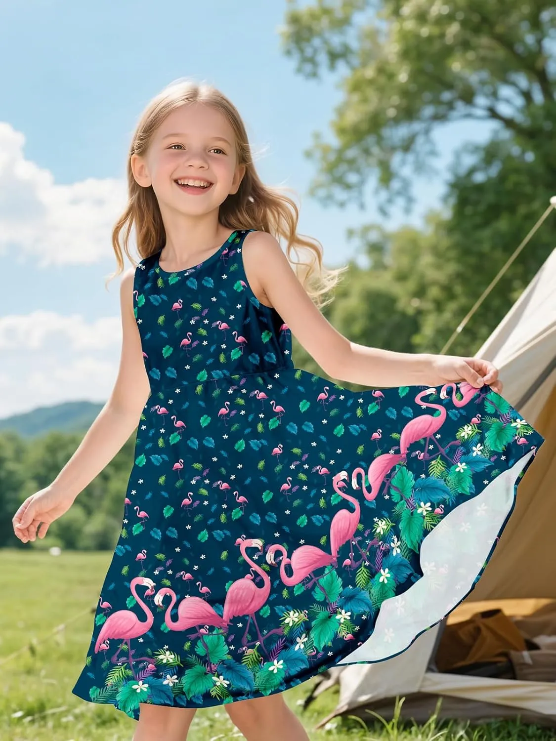 Sleeveless Summer Dress for Girls, Tropical Print Beach Vacation Sundress for Party and Birthday Gift