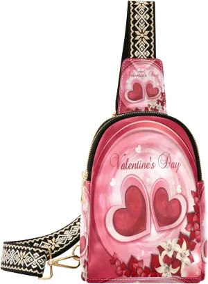 Small Sling Bag Waist Packs Leather Crossbody Packs Chest Bag Valentine's Day Card Romantic Flowers for Women Travel Belt Purse