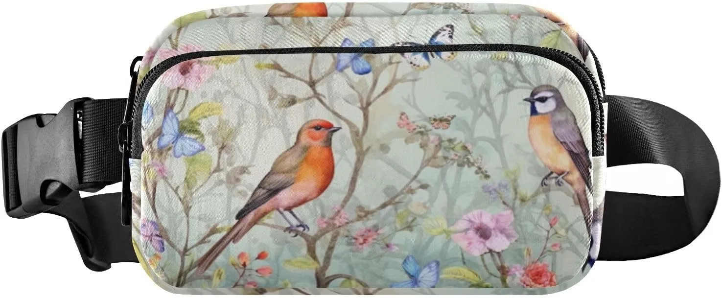 Small Travel Fanny Pack with Adjustable Strap Unisex Romantic Pretty Birds Waist Pack for Running, Hiking