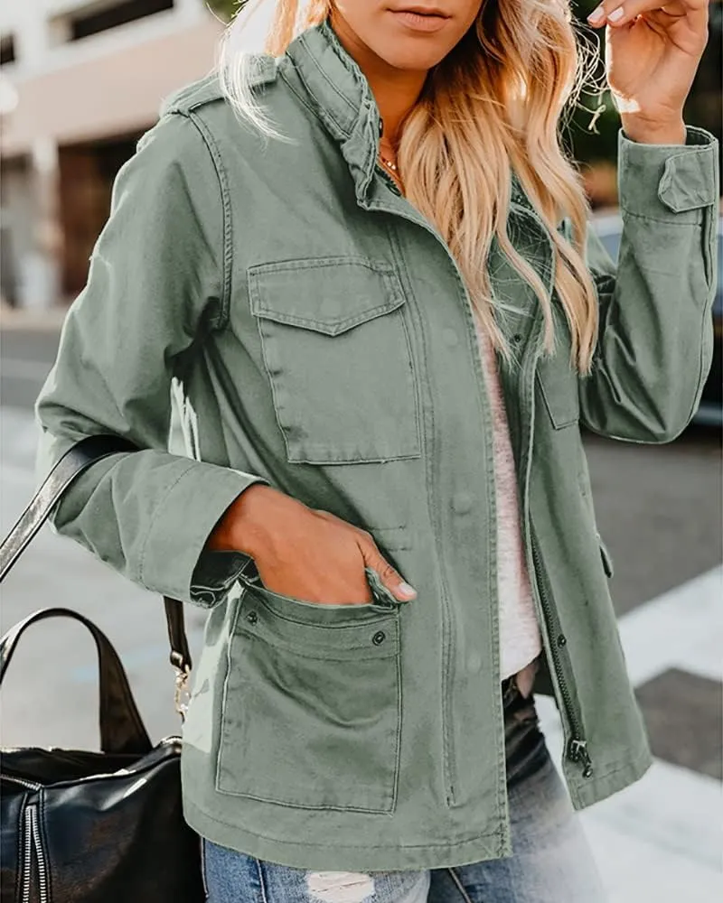 Soulomelody Women Military Anorak Jackets Zip Up Snap Buttons Parka Safari Utility Coats Outwear with Pocket