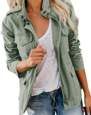 Soulomelody Women Military Anorak Jackets Zip Up Snap Buttons Parka Safari Utility Coats Outwear with Pocket