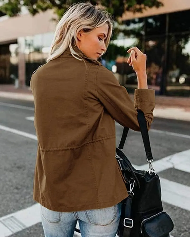Soulomelody Women Military Anorak Jackets Zip Up Snap Buttons Parka Safari Utility Coats Outwear with Pocket