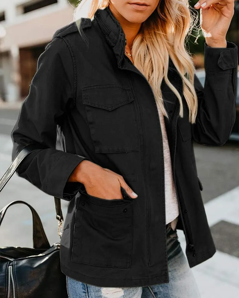 Soulomelody Women Military Anorak Jackets Zip Up Snap Buttons Parka Safari Utility Coats Outwear with Pocket