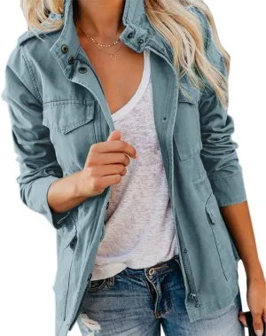 Soulomelody Women Military Anorak Jackets Zip Up Snap Buttons Parka Safari Utility Coats Outwear with Pocket