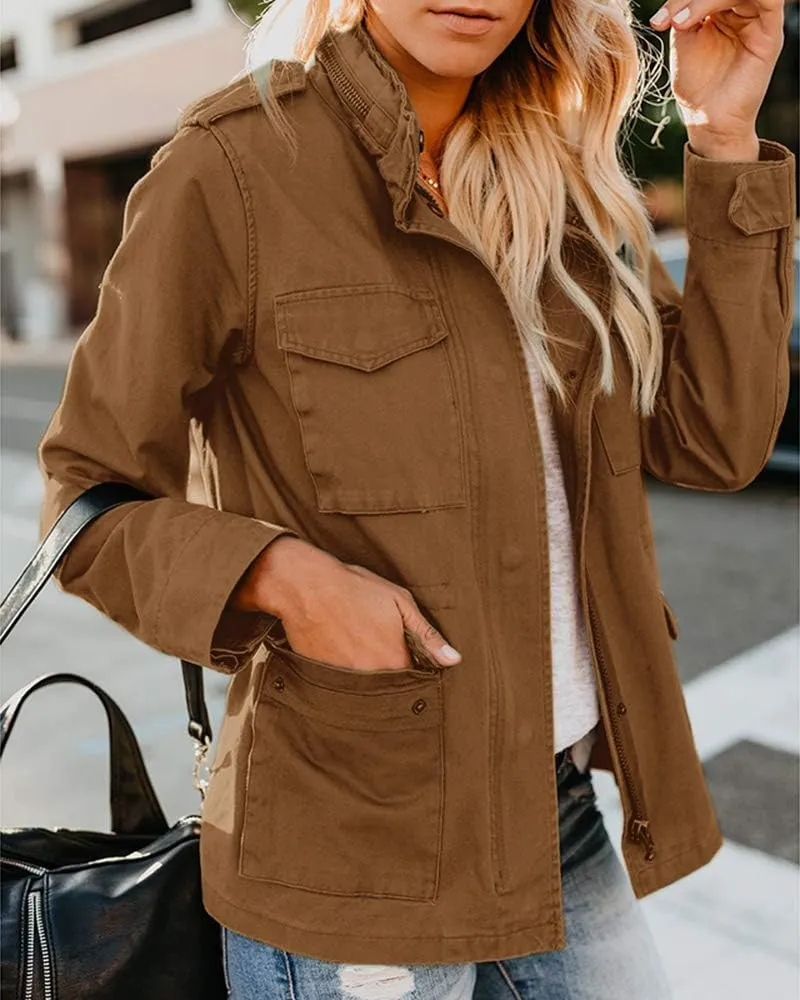 Soulomelody Women Military Anorak Jackets Zip Up Snap Buttons Parka Safari Utility Coats Outwear with Pocket