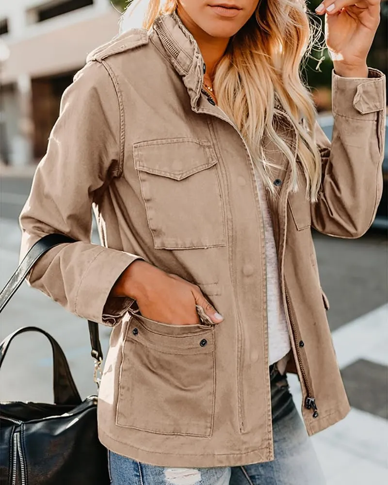 Soulomelody Women Military Anorak Jackets Zip Up Snap Buttons Parka Safari Utility Coats Outwear with Pocket