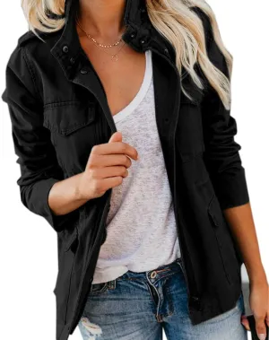 Soulomelody Women Military Anorak Jackets Zip Up Snap Buttons Parka Safari Utility Coats Outwear with Pocket
