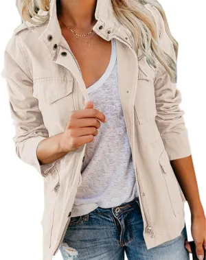 Soulomelody Women Military Anorak Jackets Zip Up Snap Buttons Parka Safari Utility Coats Outwear with Pocket
