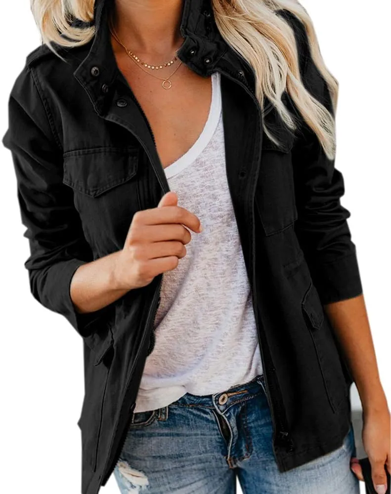 Soulomelody Women Military Anorak Jackets Zip Up Snap Buttons Parka Safari Utility Coats Outwear with Pocket