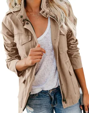 Soulomelody Women Military Anorak Jackets Zip Up Snap Buttons Parka Safari Utility Coats Outwear with Pocket