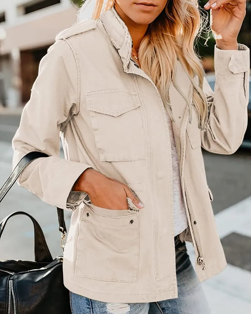 Soulomelody Women Military Anorak Jackets Zip Up Snap Buttons Parka Safari Utility Coats Outwear with Pocket