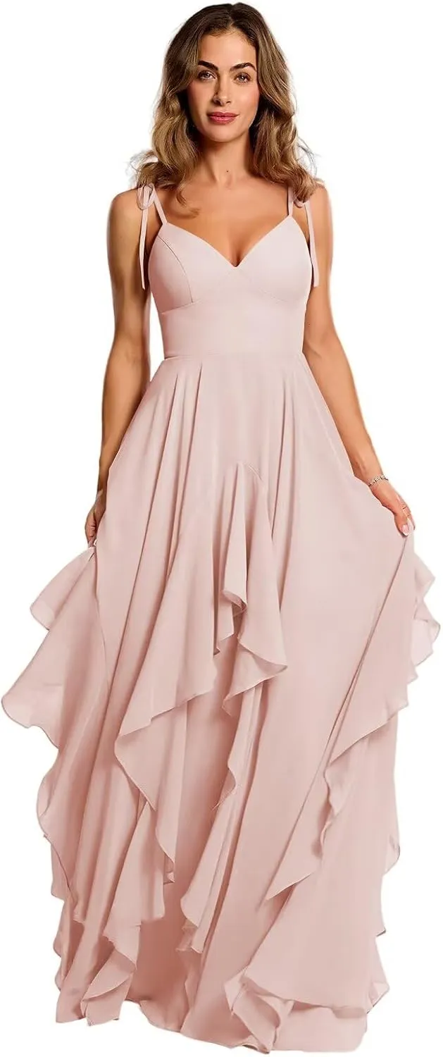 Spaghetti Strap Bridesmaid Dresses for Women Tiered Chiffon A Line Formal Evening Gown IK074