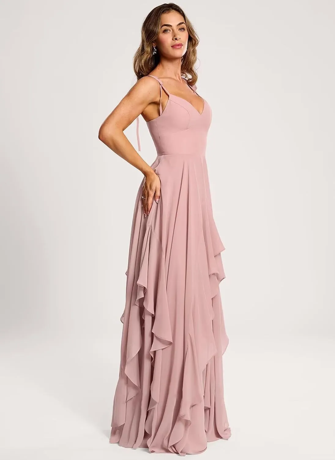 Spaghetti Strap Bridesmaid Dresses for Women Tiered Chiffon A Line Formal Evening Gown IK074